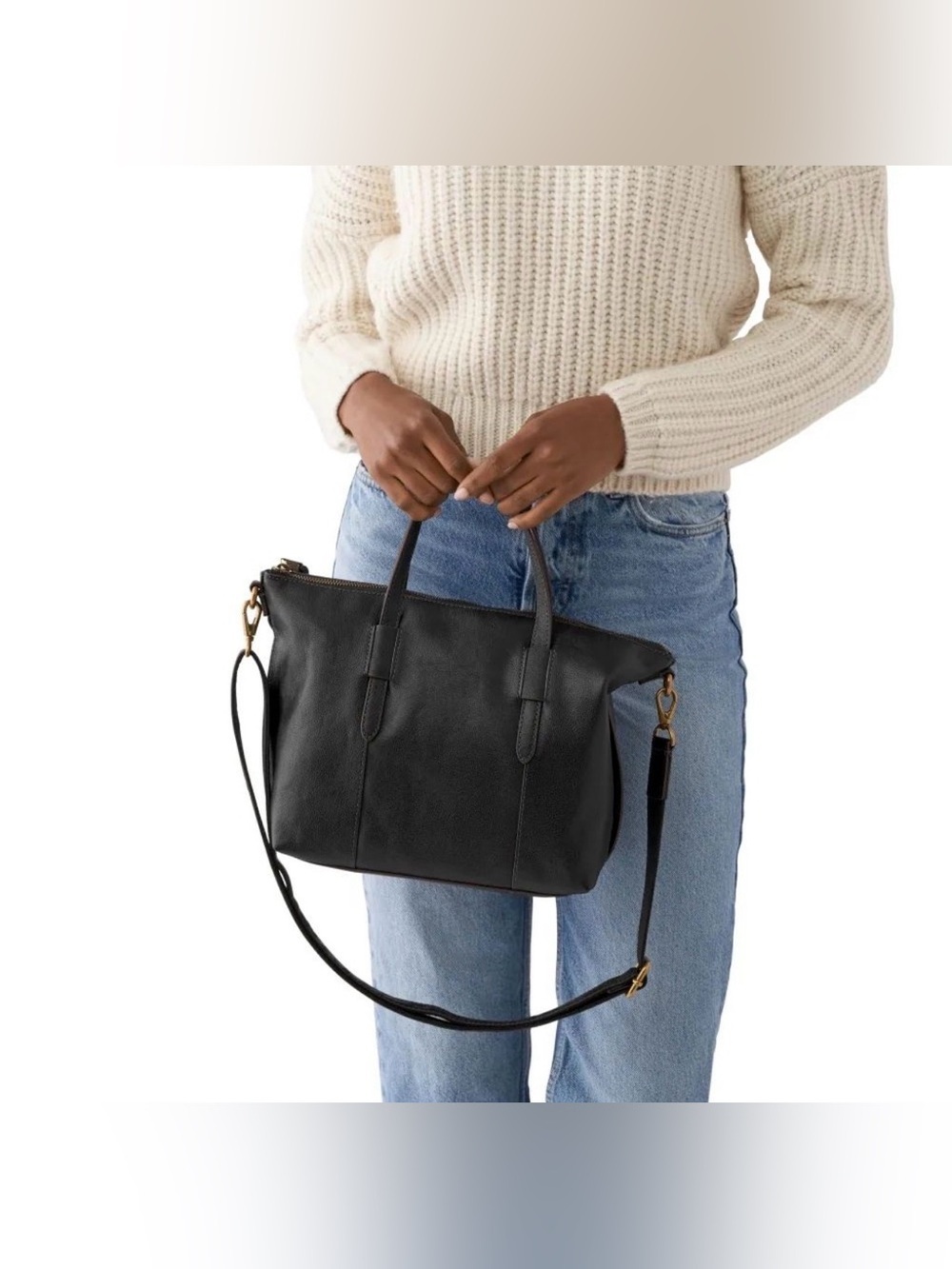 Fossil Black Leather Satchel with Removable Strap